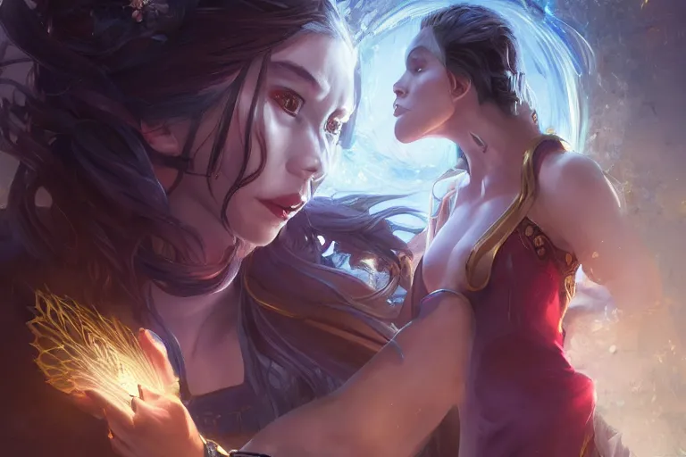 Prompt: beautiful powerful sorceress bestows her power upon her greatfull disciple, made by Stanley Artgerm Lau, WLOP, Rossdraws, ArtStation, CGSociety, concept art,g cgsociety, octane render, trending on artstation, artstationHD, artstationHQ, unreal engine, 4k, 8k,