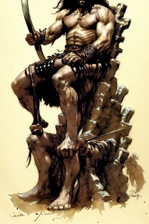 Prompt: (((((1950s king conan the barbarian sitting on his throne . muted colors.))))) by Jean-Baptiste Monge !!!!!!!!!!!!!!!!!!!!!!!!!!!
