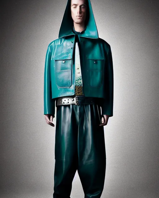 Prompt: an award - winning editorial photo of a teal extremely baggy but cropped ancient medieval designer menswear leather jacket with an oversized large collar and baggy bootcut trousers designed by alexander mcqueen, 4 k, studio lighting, wide angle lens