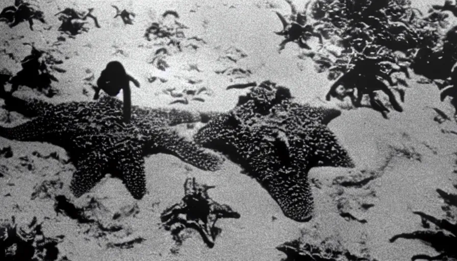 Prompt: rare vintage footage of a giant Kaiju Starfish monster, overshadowing Kim Jong-il, shin sang-ok and Choi Eun-hee escaping, 1985, Pyongyang, obscured underexposed view