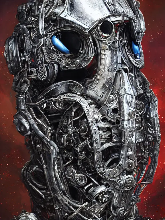 Image similar to portrait art of 8k ultra realistic undead businessman, intricate high tech helmet , detailed intricate ornate space suit,decaying, cybernetic, full of colour, cinematic lighting, battered, trending on artstation, 4k, hyperrealistic, focused, extreme details,unreal engine 5, cinematic, masterpiece, art by ayami kojima, giger