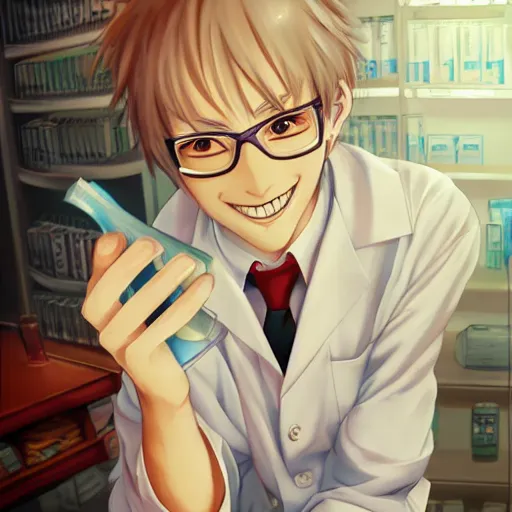 Image similar to portrait of crazy pharmacist, anime fantasy illustration by tomoyuki yamasaki, kyoto studio, madhouse, ufotable, trending on artstation