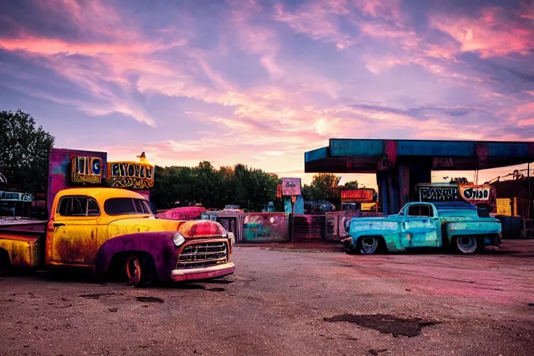 Image similar to a sunset light landscape with historical route 6 6, lots of sparkling details and sun ray ’ s, blinding backlight, smoke, volumetric lighting, colorful, octane, 3 5 mm, abandoned gas station, old rusty pickup - truck, beautiful epic colored reflections, very colorful heavenly, softlight