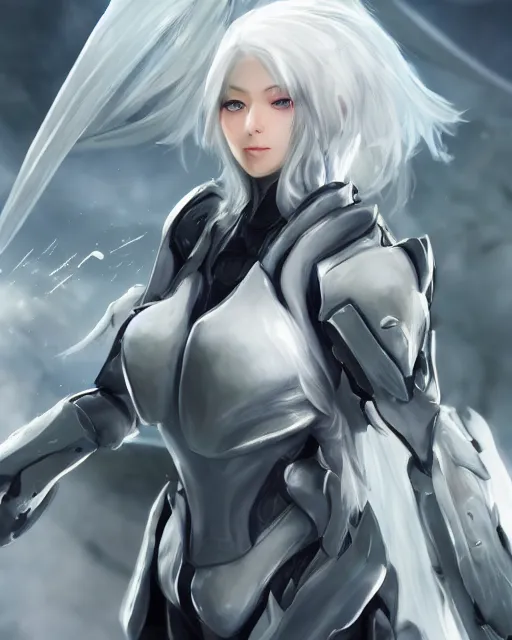 Image similar to perfect white haired girl, warframe armor, beautiful, dreamy, pretty face, blue eyes, detailed, windy weather, scifi, utopian architecture, laboratory, 4 k, ultra realistic, aura of light, cinematic, high detail, masterpiece, art by akihito tsukushi, akasuki voidstar