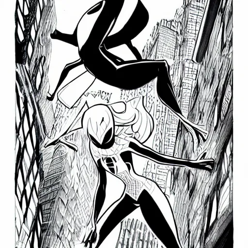 Prompt: Beautiful lineart drawing of Spider-gwen, black ink, manga style, cross-hatchings
