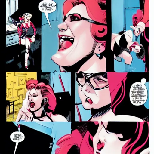 Prompt: in the style of rafael albuquerque comic art, harley quinn and cyndi lauper arguing about who wants to have more fun.