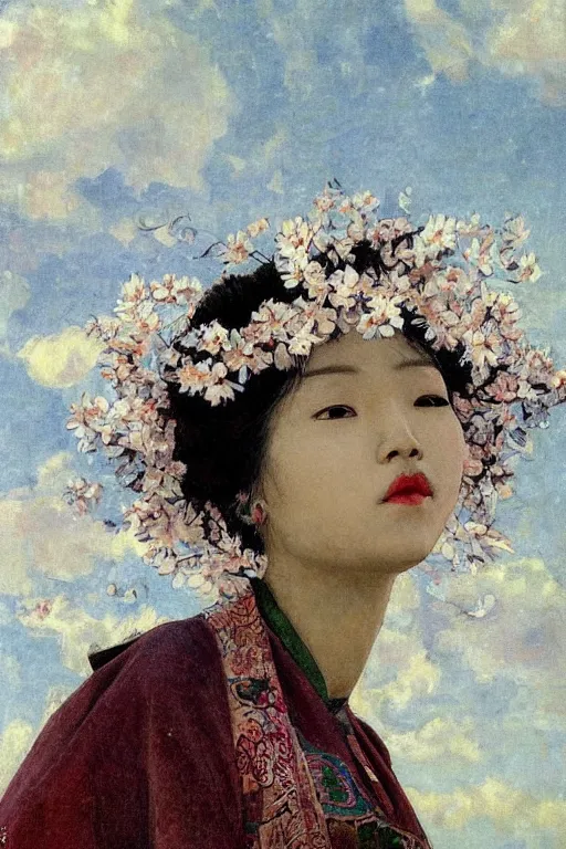 Image similar to close - up fashion asian woman portrait airy flowers sacura cloudy sky art by vasnetsov