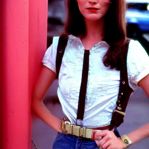 Prompt: kodachrome photograph of a stylish young woman from 1 9 7 6