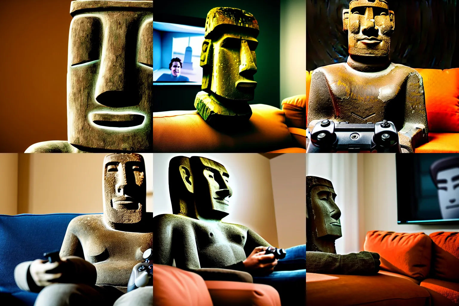 Prompt: Moai statue sitting on a couch playing video games