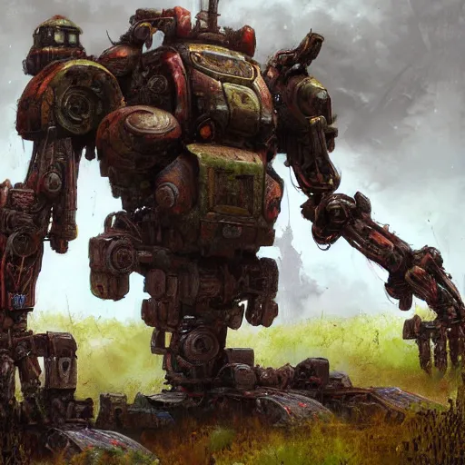 Prompt: a rusted mech with moss by eddie mendoza