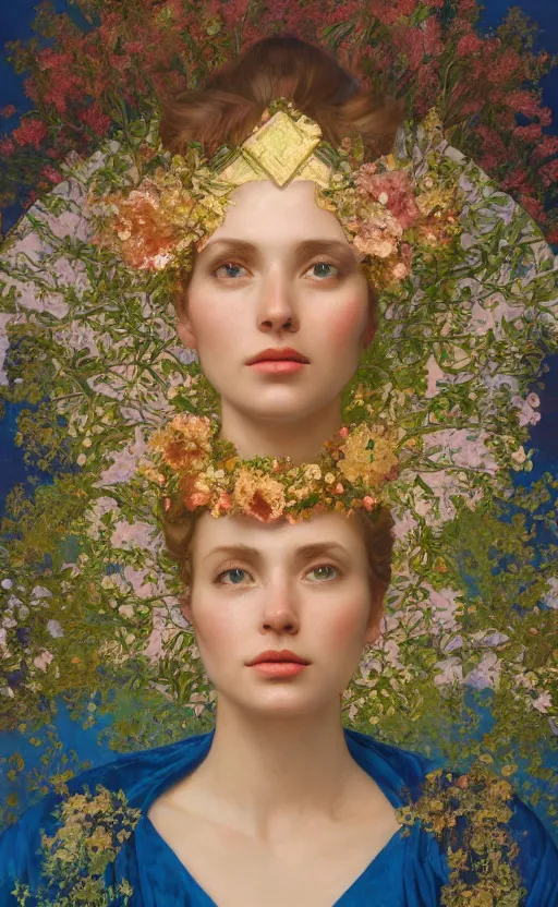 Prompt: a gold oil painting hyperrealism of a beautiful woman on a white background, flowers, painted by mucha, floral headdress, 8 k resolution, octane render, trending on artstation, volumetric light 2 blue fractal thunder glow by dan mumford, anaglyph effect, laurie lipton