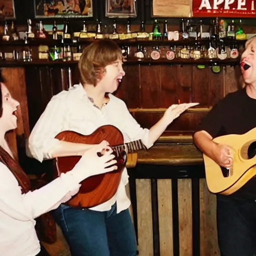 Prompt: an apple sing in a pub