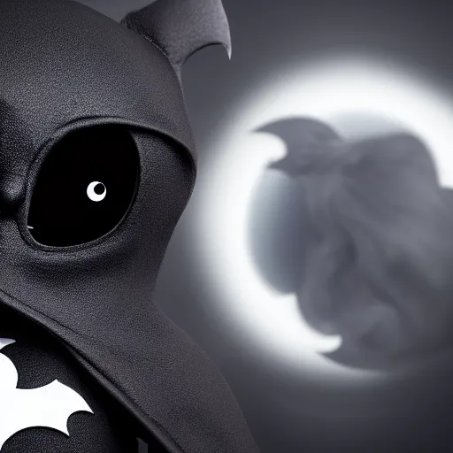 Image similar to close up potrait of an adorable grim reaper plush with black evil eyes, bat wings and venom's mouth, 4k, digital art, no artifacts, the whole image has a soft blur ethereal glow, yin yang symbols are on the background