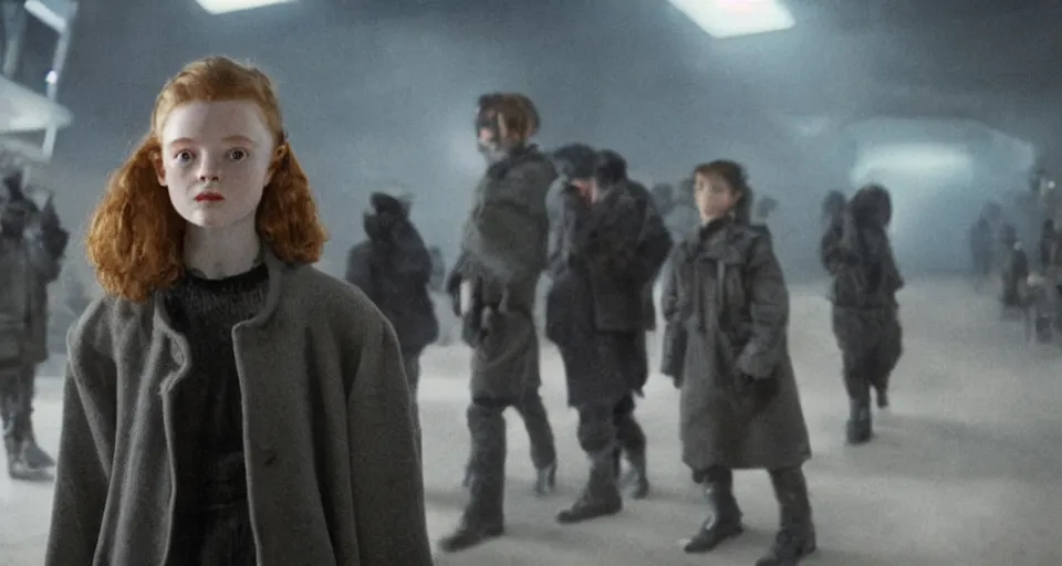 Image similar to sadie sink with very short hair in oversized man's coat : a still from a scifi dystopian cyberpunk film from 1 9 8 0 s. by steven spielberg, robert zemeckis, francis ford coppola, james cameron. 6 5 mm low grain film stock. sharp focus, realistic facial expression, perfect anatomy, global illumination, radiant light, detailed and intricate environment, trending on artstation