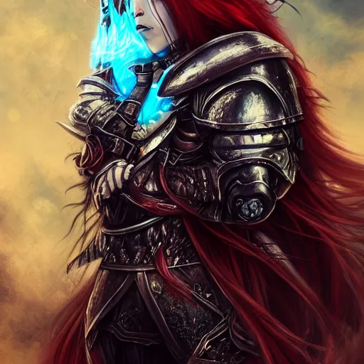 Prompt: a gorgeously defined character with long red hair and immensly glowing eyes, wearing armor with blue baggy pants, surrealism art, portrait!!, intricately detailed, 4 k quality