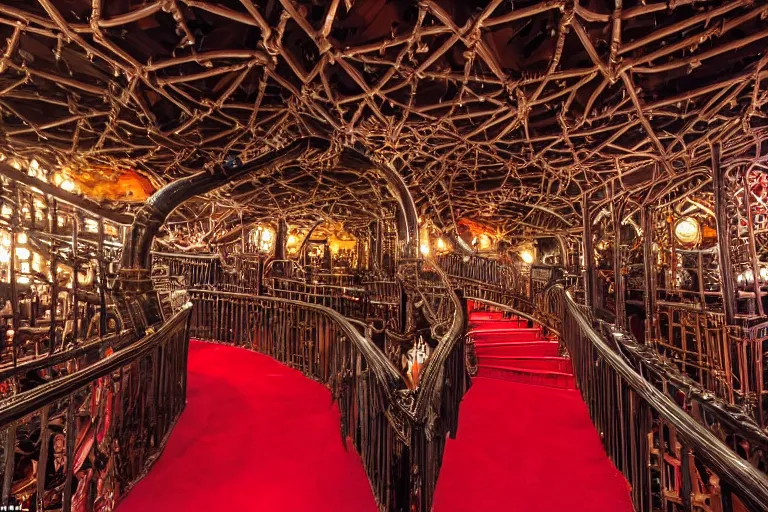 Image similar to the interior of the organ room at house on the rock made of red carpet and black wrought - iron, and is full of curved elevated walkways, interwoven catwalks, spiral ramps, and twisted staircases that are surrounded by cluttered arrangements of parts of pipe organs, clock gears, and engine components.