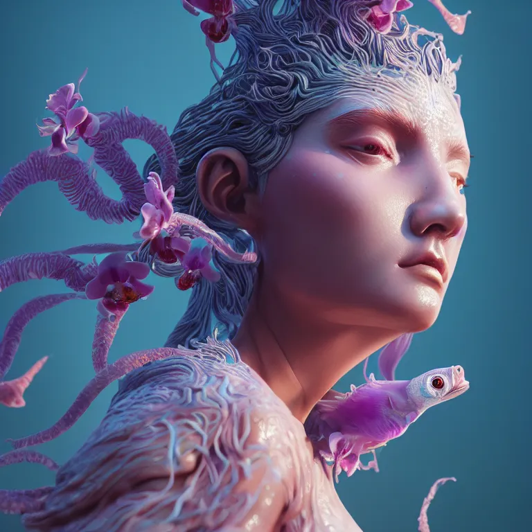 Image similar to goddess full painted acryllic sculpture close-up portrait. orchid bird phoenix jellyfish betta fish, intricate artwork by Tooth Wu and wlop and beeple. octane render, trending on artstation, greg rutkowski very coherent symmetrical artwork. cinematic, hyper realism, high detail, octane render, 8k