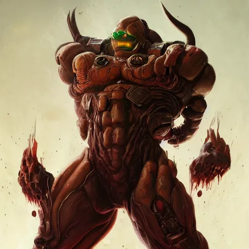 Image similar to doom eternal, mutant, tubes fused with the body, front view, painted by stanley lau, painted by greg rutkowski, painted by stanley, artgerm, masterpiece, digital art, trending on arts