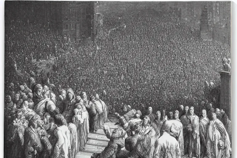 Image similar to aerial view, crowd of people looking up, Gustave Dore lithography