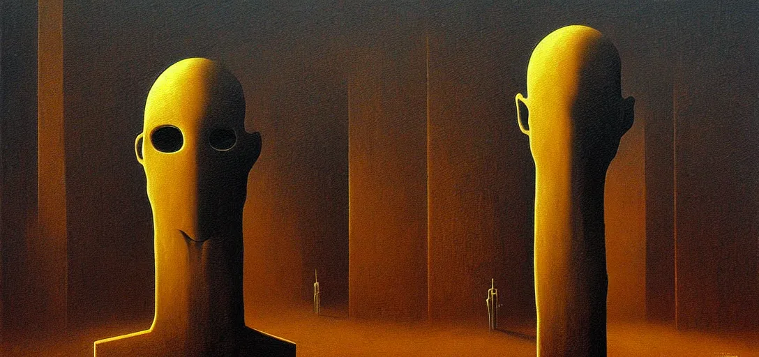 Image similar to deep shadows horror dystopian surreal painting of a single eerie head statue surrounded by buildings by zdzisław beksinski, poverty, broken, relic