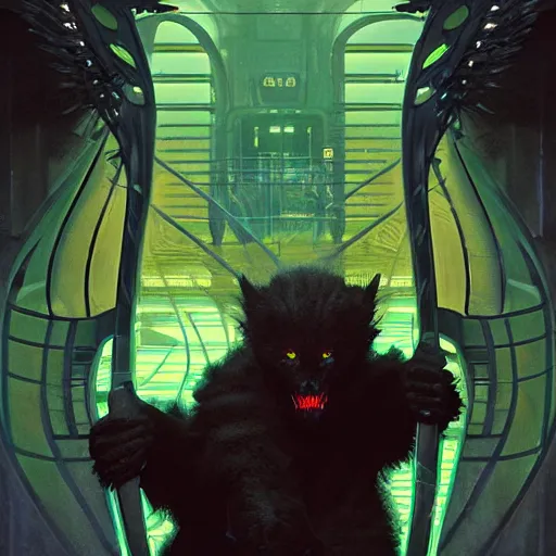 Image similar to menacing aggressive black creature made out of needles, archdemon, in a gas station, aggressive harsh fluorescent industrial green/blue lighting, extremely detailed digital matte painting buy Greg Rutkowski and Alphonse Mucha