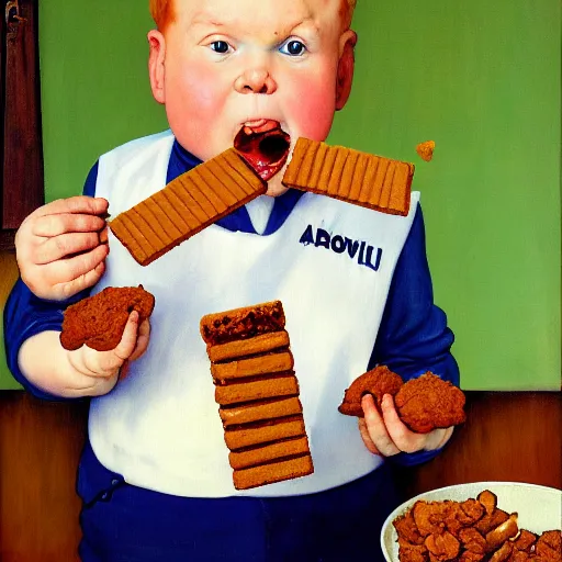 Image similar to painting of a ginger hair chubby boy eating a delicious cholocate chunks cookies, buzz cut, america, norman rockwell