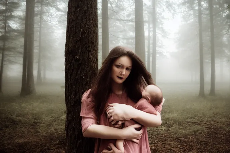 Image similar to a cinematic photo of a young woman with dark hair holds a baby in a dark, foggy forest, closeup, masterpiece