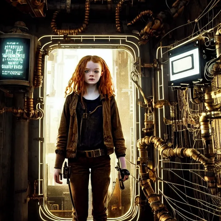 Image similar to sadie sink as a miner inside a minimalist steampunk automated kiosk with options to choose from. scifi cyberpunk. by gabriel hardman, joe alves, chris bonura. cinematic atmosphere, detailed and intricate, perfect anatomy