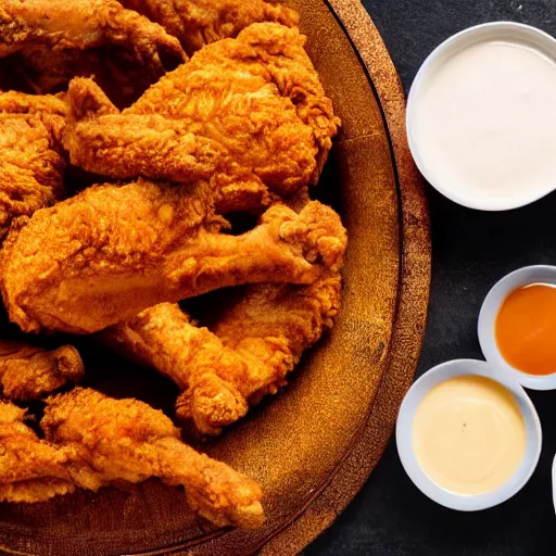 Prompt: large plate of delicious greasy fried chicken, with a side of dipping sauces, realistic advertising photography, 4K resolution, spot lighting