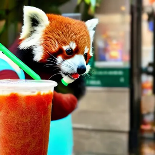 Prompt: A small red panda drinking bubble tea