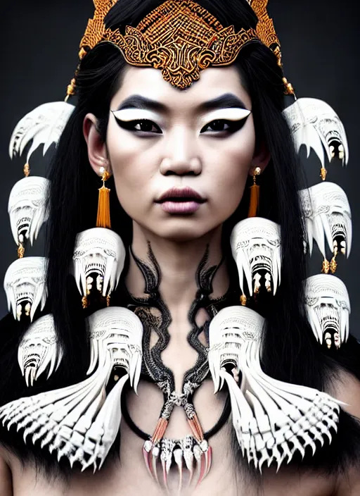 Image similar to a fierce looking beautiful young thai woman with symmetrical white makeup, wearing an intricate headdress made from bones and leather, wearing large earrings made from white bones, hyperdetailed illustration by irakli nadar and alexandre ferra, intricate linework, in the style of a national geographic portrait, unreal engine 5 highly rendered, global illumination, radiant light, detailed and intricate environment