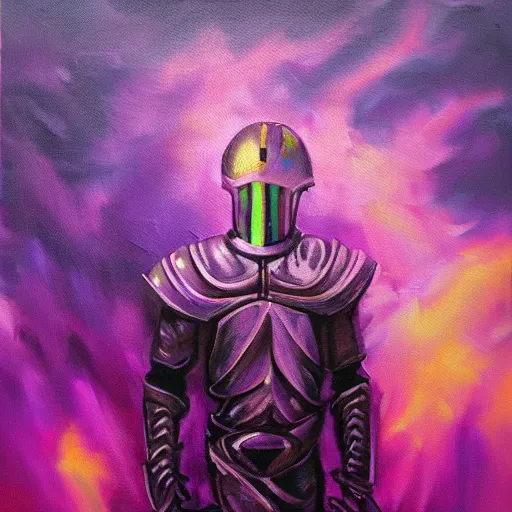 Prompt: a detailed oil painting of a full amored knight standing in a field of purple haze, vaporwave, synthwave