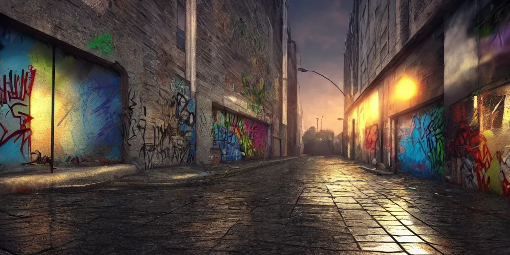 Image similar to photo realistic!! a graffiti filled alley at sunset after raining, dramatic lighting, artstation, unreal engine