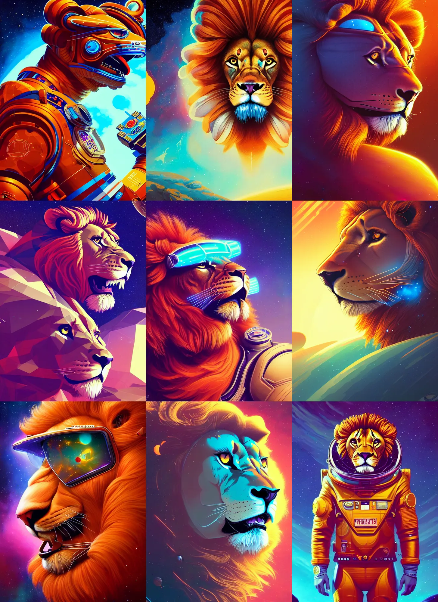 Prompt: retrofuturistic portrait of a lion in astro suit, space graphics art in background, close up, wlop, dan mumford, artgerm, liam brazier, peter mohrbacher, 8 k, raw, featured in artstation, octane render, cinematic, elegant, intricate, 8 k