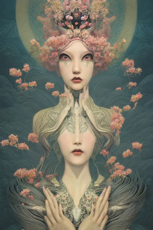 Prompt: portrait full body girl 3 kingdom breathtaking detailed concept art painting art deco pattern of birds goddesses amalmation flowers head thibetan temple, by hsiao ron cheng, tetsuya ichida, bizarre compositions, tsutomu nihei, exquisite detail, extremely moody lighting, 8 k, art nouveau, old chines painting, art nouveau