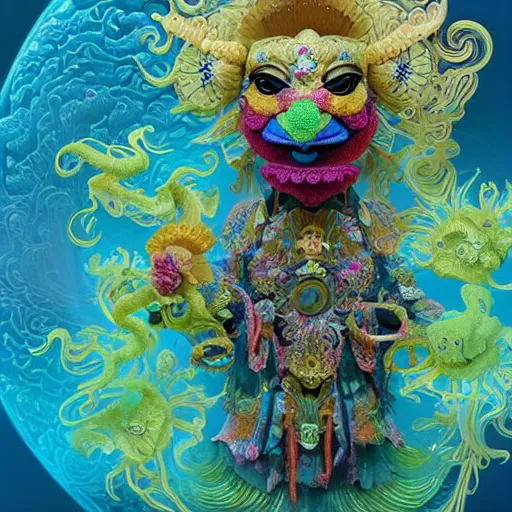 Image similar to 3 d muppet goddess frontal view full body, astral projection, with ram golden skull. beautiful intricately detailed japanese fractal kitsune mask and clasical japanese kimono. betta fish, jellyfish fractal, bio luminescent, plasma, ice, water, wind, creature, mandelbulb, fractal, artwork by tooth wu and wlop and beeple and greg rutkowski