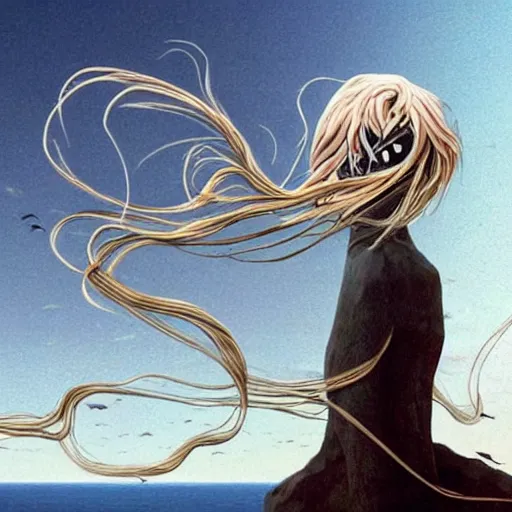 Image similar to A beautiful collage of a human-like creature with long, stringy hair. The figure has no eyes, only a mouth with long, sharp teeth. The creature is standing on a cliff overlooking a dark, foreboding sea. anime, formicapunk by John Anster Fitzgerald, by Storm Thorgerson lavish