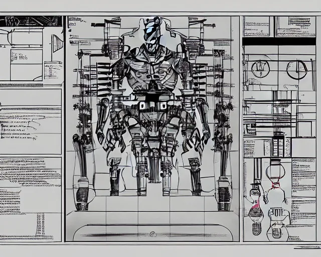 Prompt: a full page of a mechanical blueprint showing a cutaway design for a mechanized woman robot, muted colors, post grunge, studio ghibli, hq,