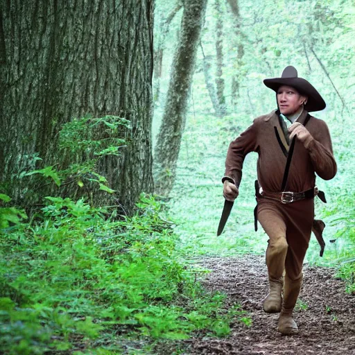 Prompt: 4 k photo of davy crockett running through woods with a flintlock