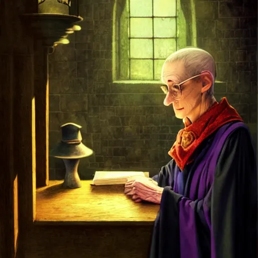 Image similar to Granny Weatherwax as a rigorous professor in Hogwarts School of Witchcraft and Wizardry, detailed, hyperrealistic, colorful, cinematic lighting, digital art by Paul Kidby and Jim Kay