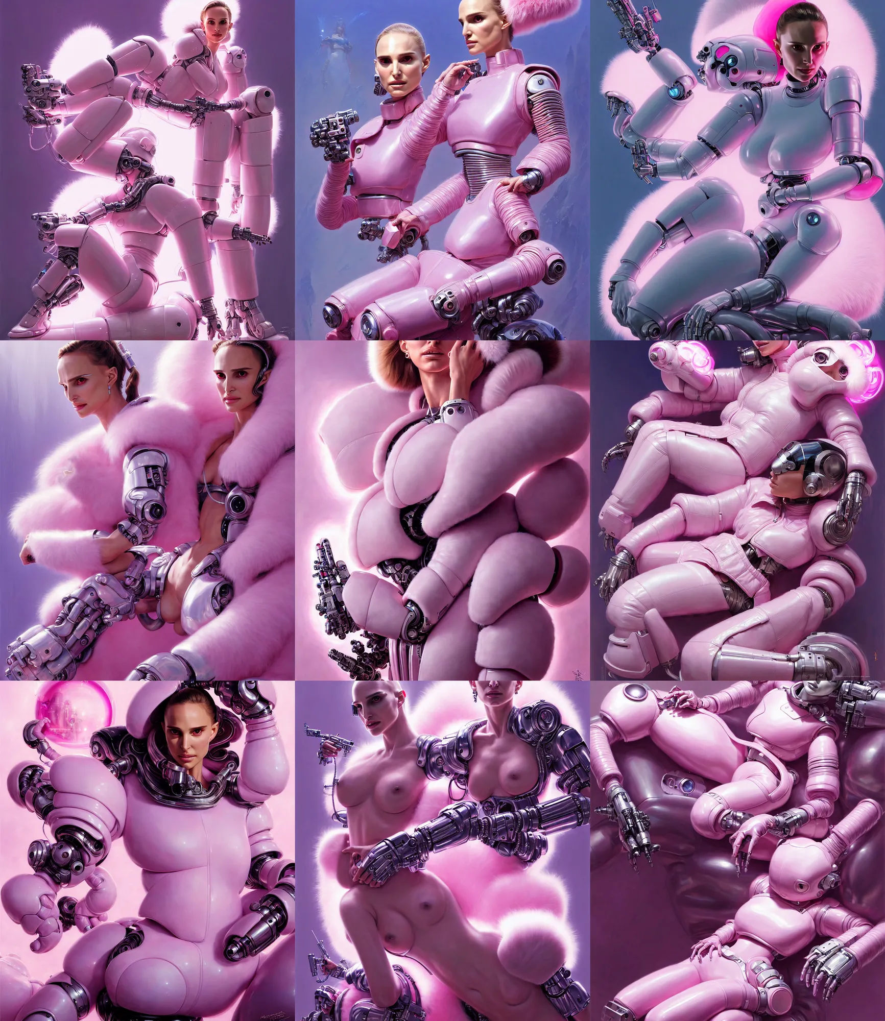 Prompt: beautiful fantasy character portrait of a natalie portman cyborg, wearing pink puffy bomber jacket with white fur, seductive reclining pose, ultra realistic, terminator lighting, robots, the fifth element artifacts, highly detailed by peter mohrbacher, hajime sorayama, wayne barlowe, boris vallejo, aaron horkey, gaston bussiere, craig mullins