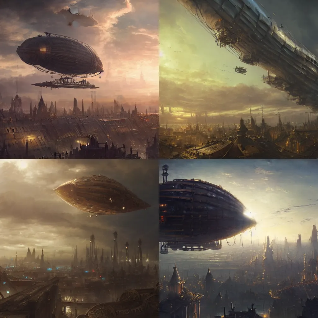 Prompt: giant steampunk airship flying above the city, steampunk metropolis, fantasy art by Jan Urschel and greg rutkowski, epic fantasy art, 4k, sunset lighting