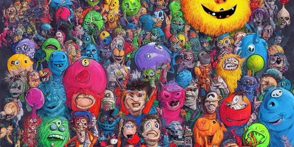 Image similar to a poser of where's waldo tennis ball monsters, colorful, digital art, fantasy, magic, chalk, trending on artstation, ultra detailed, professional illustration by basil gogos