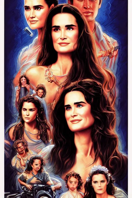 Prompt: texto highly detailed movie poster by drew struzan with brooke shields and demi moore artwork