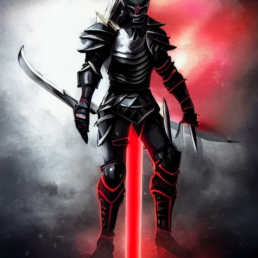 Image similar to Knight with black greatsword and black plate armour, one-eyed, emitting evil red aura, armor merging with body, head turning into half human half wolf hybrid, full body shot, anime blade style art