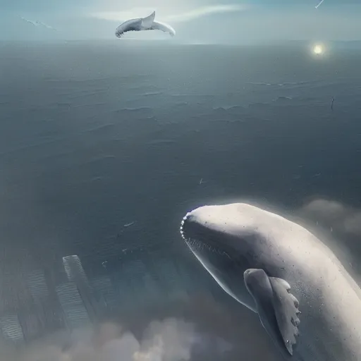 Prompt: giant whale flies above the city, photo realistic, highly detailed, 4 k, illustration, greg rutkowski