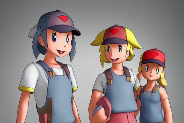 Prompt: render of Ash Misty and Brock from Pokémon, soft lighting