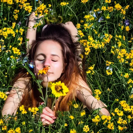 Image similar to girl laying down in the lawn full of flowers that smells like honey amongst forest with her soul connected to the nature around her