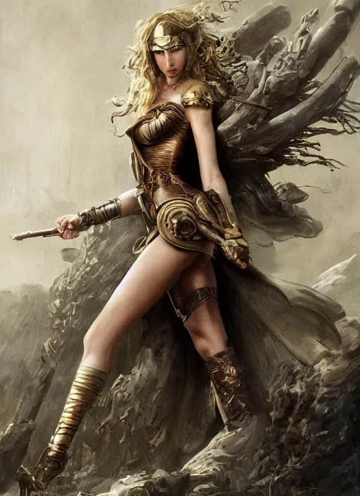 Prompt: highly detailed steampunk gal gadot standing, blond, steel age : leonardo da vinci, greg rutkowski, magali villeneuve