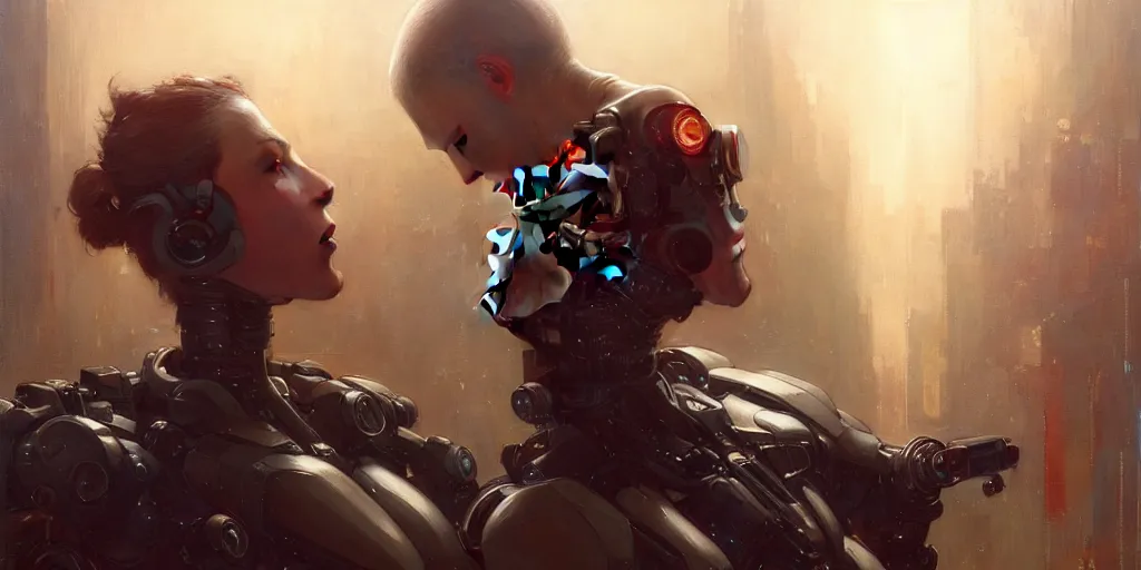 Image similar to male cyborg kissing female android by gaston bussiere, anna nikonova aka newmilky, greg rutkowski, yoji shinkawa, yoshitaka amano, tsutomu nihei, muira, moebius, donato giancola, trending on artstation, featured on pixiv h - 1 0 2 4